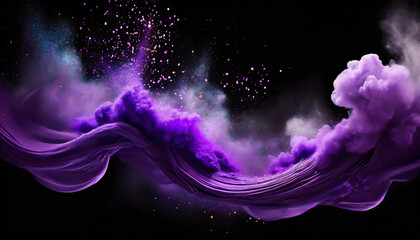 Purple paint powder splashes. Flows of magic dust with glitter particles and sparkles.