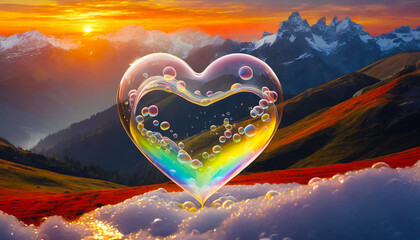 realistic transparent yellow, rainbow and white vector soap bubbles shaped as heart. Romantic