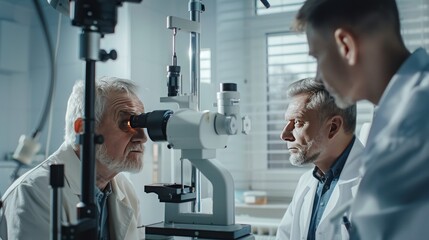 Eye doctor with male patient During future clinic examinations  - obrazy, fototapety, plakaty