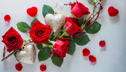 Red roses and heart shape ornaments on white background