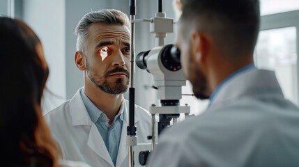 Eye doctor with male patient During future clinic examinations 