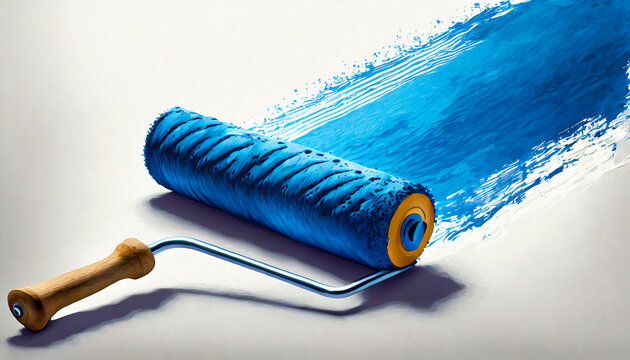 Paint roller with long blue stroke isolated over white - Stitched from two images