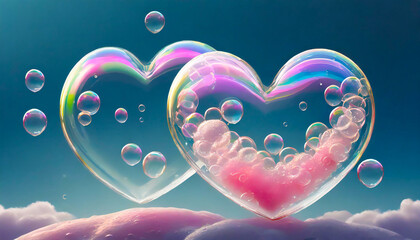 Set of realistic transparent pink, rainbow and white vector soap bubbles shaped as heart.