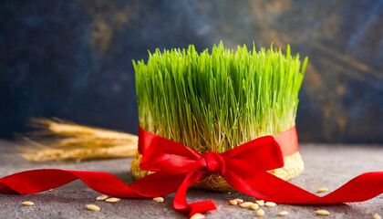 Wheatgrass with red ribbon Front View. Traditional Persian New Year Wheatgrass