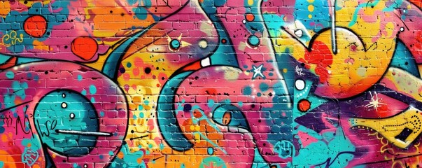 Fototapeta premium A vibrant, colorful graffiti art covering a massive brick wall, showcasing street art culture.
