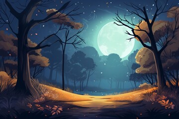 a moonlit night in a forest - obrazy, fototapety, plakaty