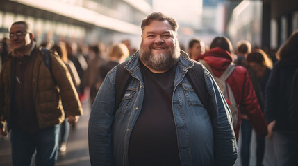 Plus-Size Model Man walking in the busy crowded street carrying a backpack