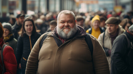 Plus-Size Model Man walking in the busy crowded street carrying a backpack - obrazy, fototapety, plakaty