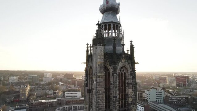 Aerial video descends on the spire of Onze Lieve Vrouwetoren, Amersfoort Netherlands