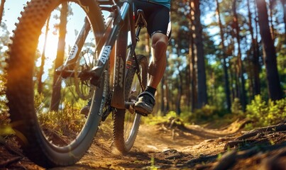 Naklejka premium An active individual mountain bikes on a forest trail engulfed by sunlight and nature, exemplifying adventure and exploration.