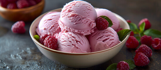 Raspberry ice cream dessert, gelato, sorbet. Sweet food. Pink icecream with berries. - 763465494