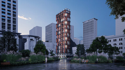 Fototapeta na wymiar Stunning 3D Rendering of a Residential High Rise Building, Daytime, Modern skyscraper