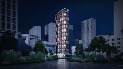 Stunning 3D Rendering of a Residential High Rise Building, Night time, Modern skyscraper