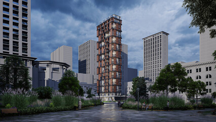 Fototapeta na wymiar Stunning 3D Rendering of a Residential High Rise Building, Daytime, Modern skyscraper