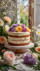 Beautiful homemade cake decorated with fresh flowers surrounded by spring summer flowers bouquets, against the backdrop of a spring garden.
