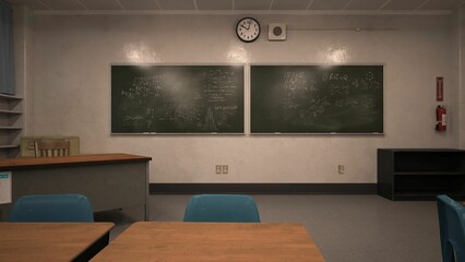 3d Render of the Front of a Poorly Lit Science Classroom
