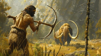 Caveman hunting woolly mammoths In the middle of the yellow mountain forest  - obrazy, fototapety, plakaty