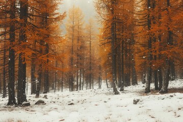 Obraz premium A dense forest covered in snow with numerous trees visible, creating a winter wonderland scene in nature