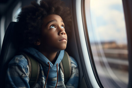 Created with generative Ai photo of adorable happy cute child boy looking airplane window