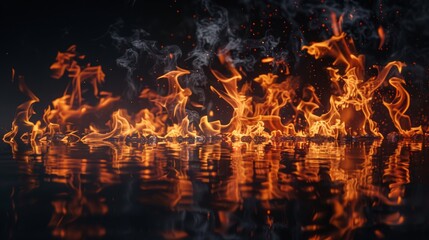 The texture of fire on a black background is reflected, in an empty dark scene.