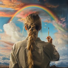 Mulher a pintar o arco íris no céu - obrazy, fototapety, plakaty