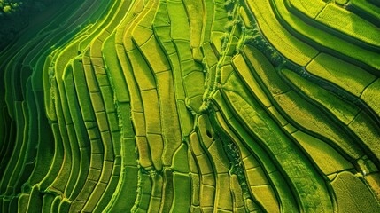 Bottom view or aerial photograph of bright green and yellow rice fields, Longsheng District, China. First person view realistic daylight view --ar 16:9 Job ID: bc90e086-83b7-4e18-a956-cf1540fd61b7