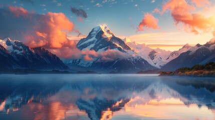 Sunset Lake View with Mountains and Clouds