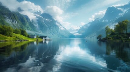 Mountain Lake Serenity: A tranquil scene of a lake nestled amidst majestic mountains, reflecting the sky and surrounding nature