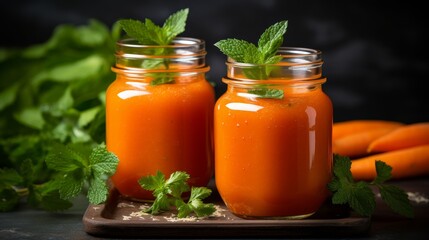 Vibrant orange carrot detox juice in glass jars on rustic wood table with fresh ingredients
