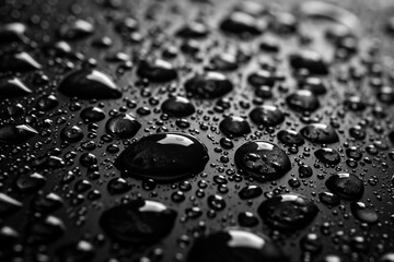 Close-up of water drops on a black surface with blur. Horizontal abstract background. Generated by artificial intelligence