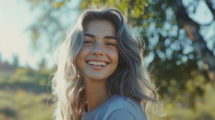 Beautiful happy young woman with long wavy gray hair and freckles wearing a stylish t-shirt looks happy and smiles isolated on nature background. 