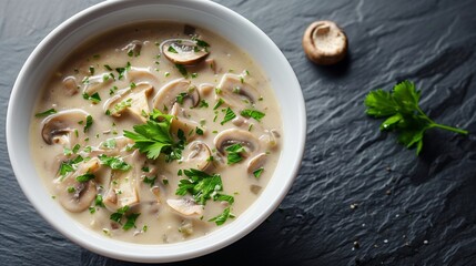 Top-Down Shot of Homemade Creamy Mushroom Soup in a White Bowl, Garnished with Parsley, on a Dark Slate Background