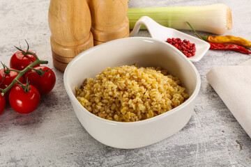 Boiled bulgur wheat in the bowl