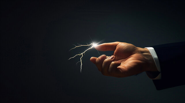 Captivating image of a businessman's hand holding a dynamic lightning bolt, portraying power. Copy space on blank labels word.