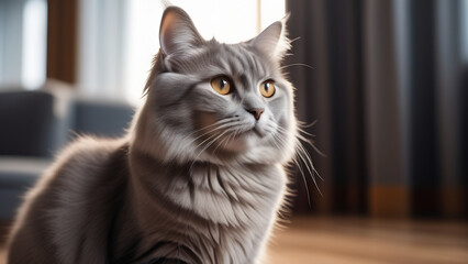 A domestic cat with yellow eyes, long gray hair, looks straight ahead. Beautiful gray pedigree cat lives in an apartment, space for copy advertising and text. Adult male with long gray hair