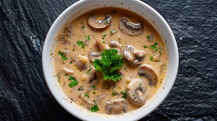 Top-Down Shot of Homemade Creamy Mushroom Soup in a White Bowl, Garnished with Parsley, on a Dark Slate Background