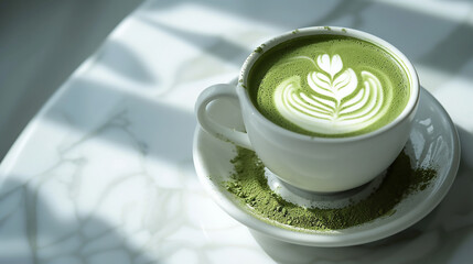 Cup of green Japanese matcha latte with latte art, warm drink