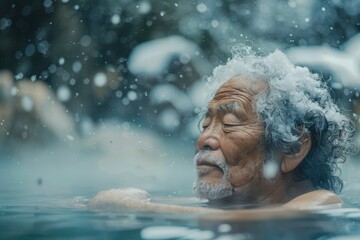 An old gray-haired Asian man bathes in a hot thermal spring. Rest. Winter snow. relax