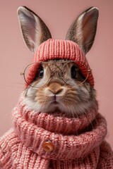 Bunny with glasses and knitwear against a pink background.