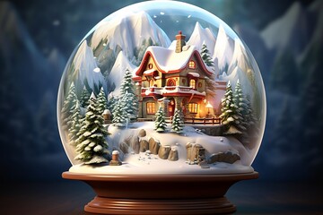 a snow globe with a house and trees - obrazy, fototapety, plakaty