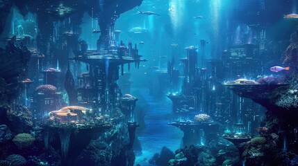 An underwater city with bioluminescent coral, schools of colorful fish, and ancient ruins, all illuminated by the eerie glow of an underwater volcano. Resplendent.