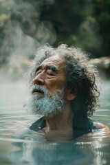 Fototapeta na wymiar An old gray-haired Asian man bathes in a hot thermal spring. Rest. Winter snow. relax