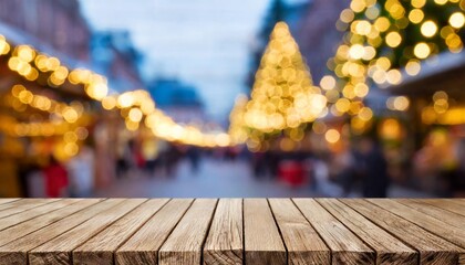 empty table and blur christmas market bokeh lights background template