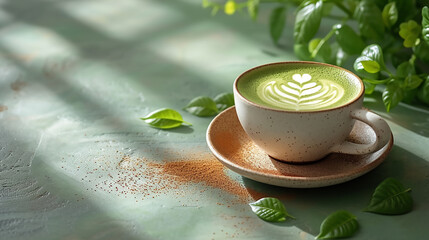 Cup of green Japanese matcha latte with latte art, warm drink