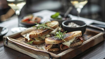 Traditional melted grilled cheese toasted sandwich served on wooden tray - obrazy, fototapety, plakaty