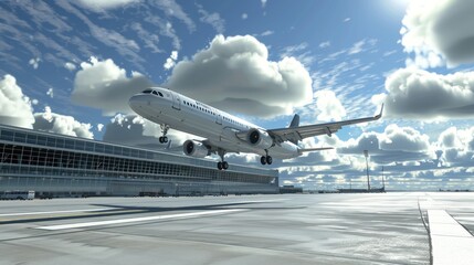 Airplane taking off from the airport, side view First person view realistic daylight view 