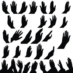Silhouetted hands raised in multiple gestures on a white background.