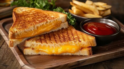 Traditional melted grilled cheese toasted sandwich served on wooden tray
