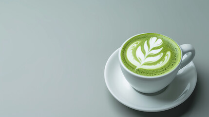 Cup of green Japanese matcha latte with latte art, warm drink