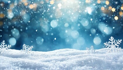 magical shiny frozen snowflakes and snowfall sky blue background with beautiful festive light bokeh...
